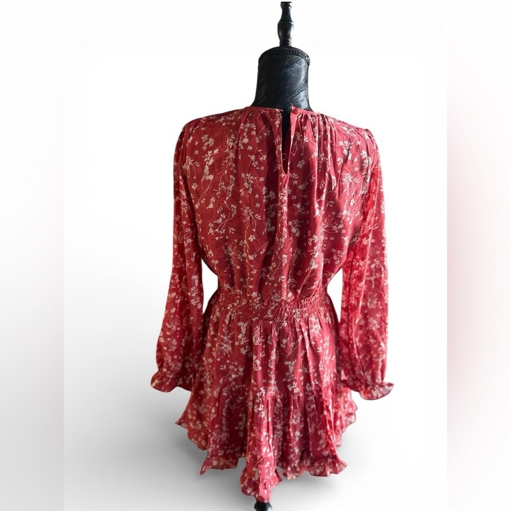 Lulu’s Red Floral Chiffon Mini Dress Smocked Waist Long Sleeve Romantic Medium - Picture 3 of 7